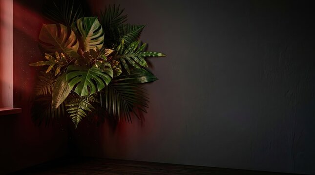 Tropical monstera and palm leaves on a dark gray wall with red lighting