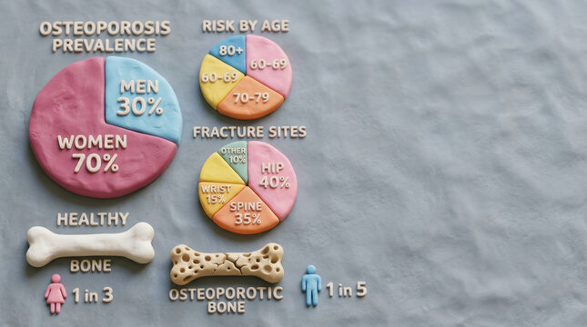 Osteoporosis research graphic presents prevalence by sex age risk fracture site and healthy versus osteoporotic bone
