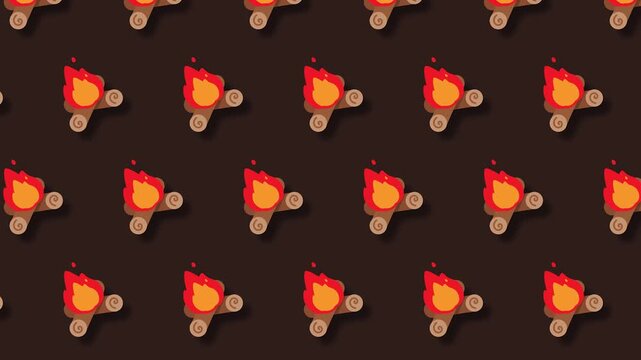 Warm and cozy cartoon campfire pattern on dark background, ideal for outdoor adventures and autumn