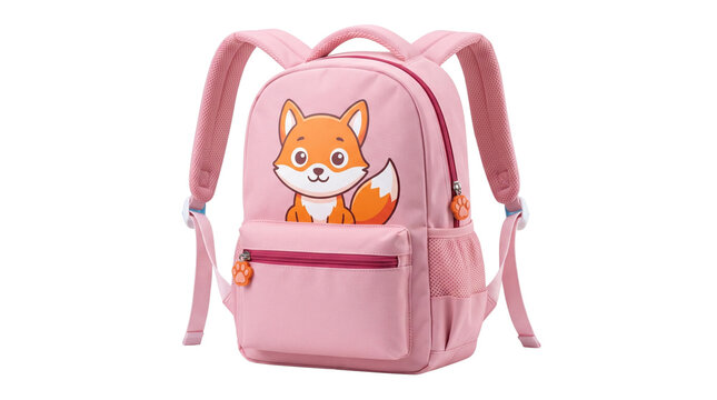 Pink kids backpack with cute fox illustration, school bag for children with animal character, durable polyester rucksack for kindergarten and primary school isolated PNG with Transparent