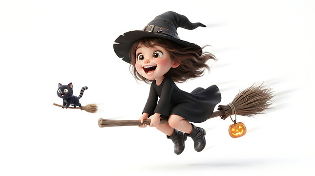 Cute Witch Girl Riding Broomstick With Black Cat