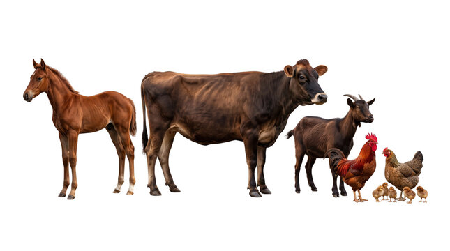 Farm animals collection with horse, cow, goat and chickens. Domestic livestock group for agriculture and ranching. Brown cattle and poultry set. isolated PNG with Transparent Background