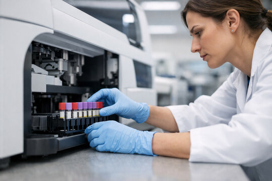 Clinical laboratory technician loads specimen tubes into automated diagnostic analyzer, supporting medical testing, laboratory automation, diagnostics and advanced healthcare technology.