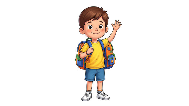 Cheerful school boy with backpack waving hello, happy student ready for primary school, cute cartoon child character in yellow shirt isolated PNG with Transparent Background