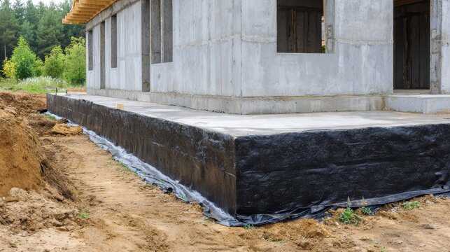 Freshly built house foundation with waterproof barrier observed during construction in a rural area
