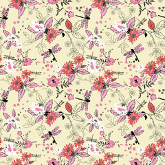 Vibrant dragonfly and floral pattern on cream background © Wolfworker