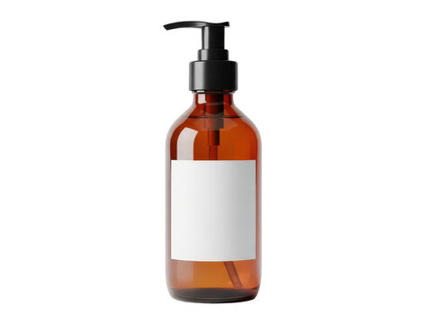 Amber glass cosmetic soap bottle with black pump dispenser isolated on transparent background
