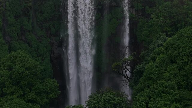 Aerial View of Barki Waterfall Amid Lush Green Forest Kolhapur Maharashtra