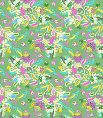 Vibrant Floral Seamless Pattern with Swirling Leaves and Pink Blossoms on Turquoise Background © Wolfworker