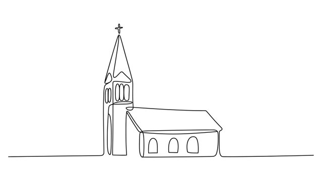 Continuous single line drawing of a small church building with a tall tower and cross