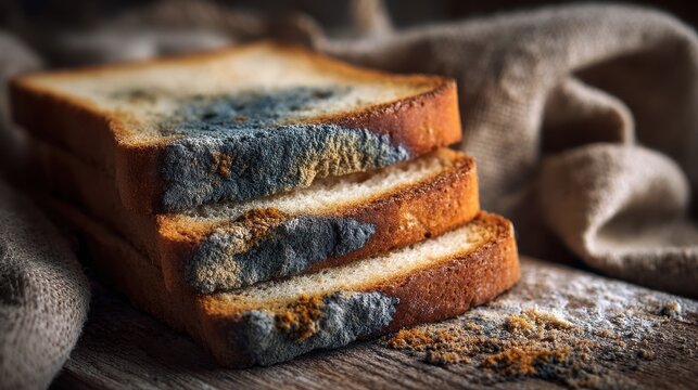 Sliced bread with mold showing decay on a wooden surface in a kitchen setting during the daytime