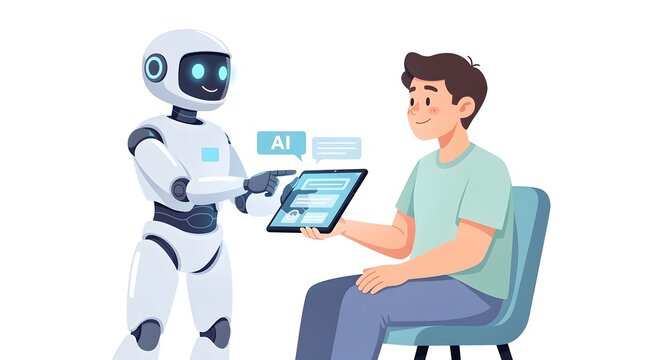 Robot assisting a young man with artificial intelligence software on a digital tablet device.