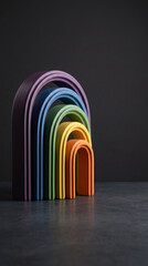 Obraz premium Colorful Wooden Stacked Arches Rainbow Decorative Sculpture On Grey Floor