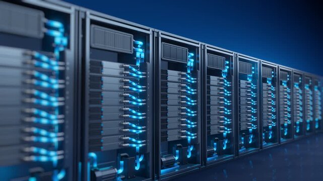 High-tech data center server racks featuring liquid cooling tubes and blue LED lighting for efficient computing.