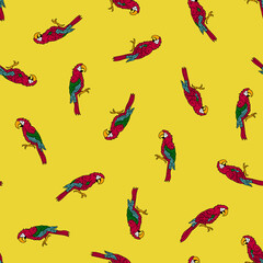 Obraz premium Colorful Parrots Pattern on Yellow Background