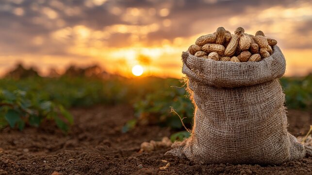 Burlap sack filled with harvested peanuts sits in a field at sunset with soft hues and a peaceful backdrop