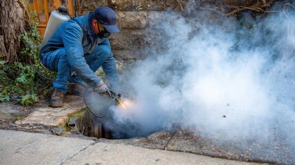Fototapeta premium Exterminator man applies fumigation treatment using a fogger to control pests in a residential area