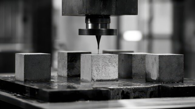 Concrete cubes are tested in a modern laboratory using a mechanical press to evaluate their strength and durability in a controlled environment
