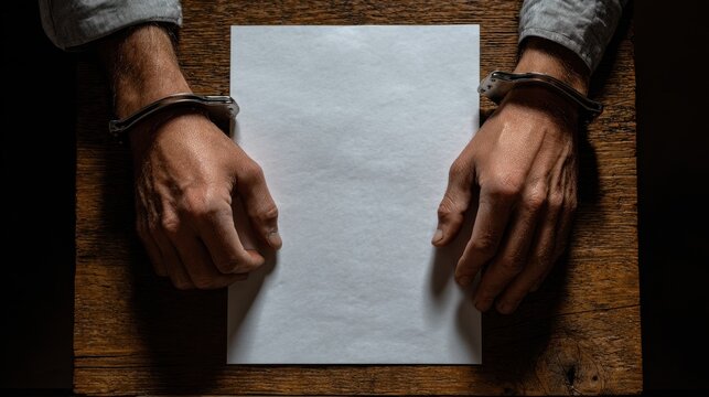 Person in handcuffs sits at a table with a blank piece of paper in a room during the day