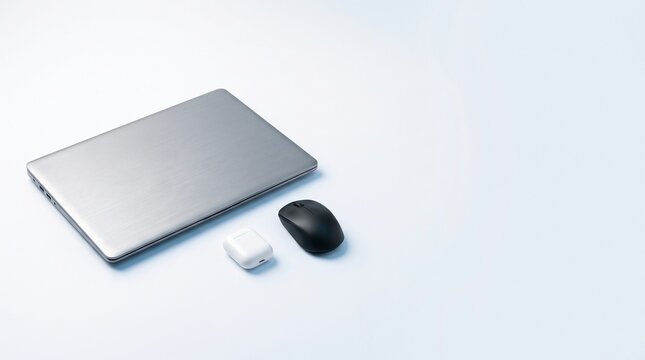 Closed silver laptop sits beside a mouse and wireless earbud case. White desktop composition leaves generous copy space. Modern technology, remote work and office concept.