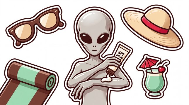 Cartoon grey alien applying spf 5000 sunscreen vector sticker set