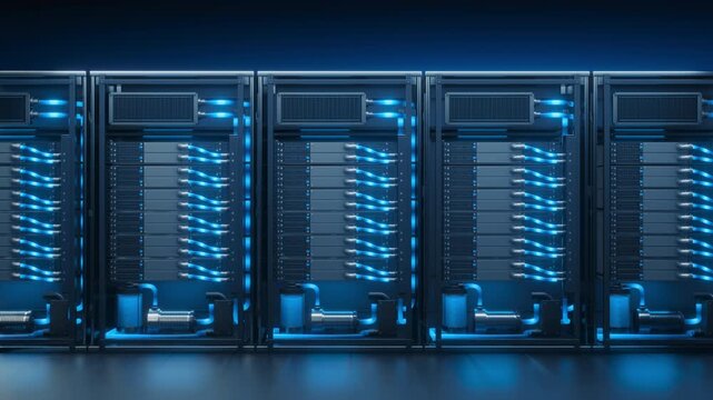 High-tech data center server racks with liquid cooling tubes, blue LED lighting and modern infrastructure.