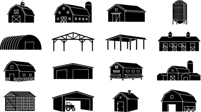 Farm buildings and agricultural structures vector black silhouette icon set including barns, silos, grain bins, quonset huts, open sheds, stables, livestock shelters, and equipment garages isolated on
