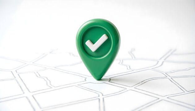 Green Location Pin with Check Mark on Map, Location Verification Concept