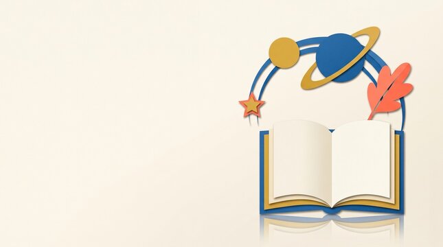 Open book reveals a ringed planet, star and colorful space symbols. Cream background, reflection and right-side placement leave copy space. Astronomy education and science learning concept.