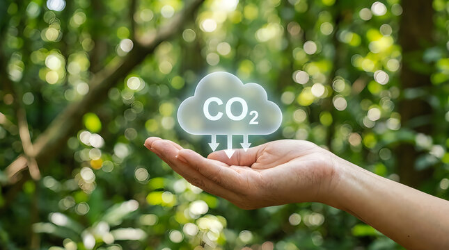 A person holding a glowing digital cloud icon with co2 text and downward arrows, representing carbon capture and environmental sustainability in a lush forest setting