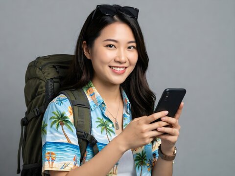 Happy Woman Traveler Relaxing on Summer Vacation Holding Black Smartphone, Wearing Beach-Themed Shirt. Isolated on Grey Background. 