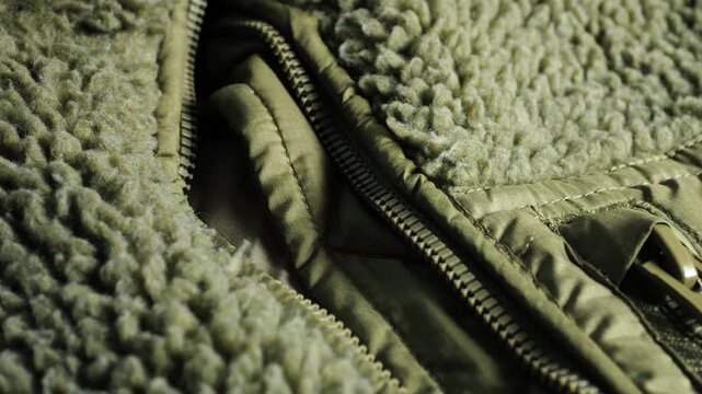 A close-up of an olive green warm jacket with dual zippers reveals thick khaki boucle fabric, faux shearling lining, heavy winter garment details, and textured sherpa sheepskin imitation.