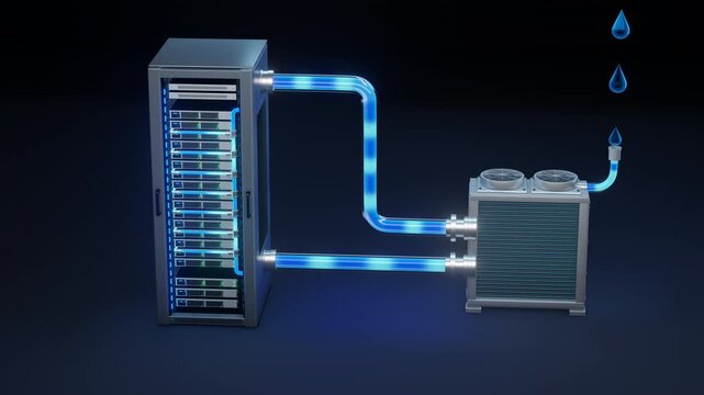 High-tech server rack connected to an external liquid cooling chiller, illustrating efficient thermal management for data centers.