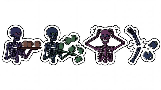 Cartoon skeleton character spilling mugs and breaking arm in four-panel vector sticker sequence