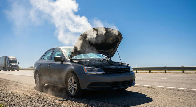 Overheated car broken down on the side of a highway with steam rising from the engine