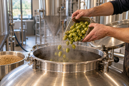 Brewer Adding Fresh Whole Hops to Steaming Kettle During Craft Beer Production
