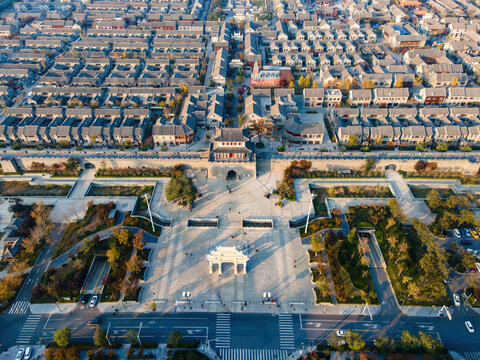Aerial View of Ancient City Gate and Traditional Residential Area