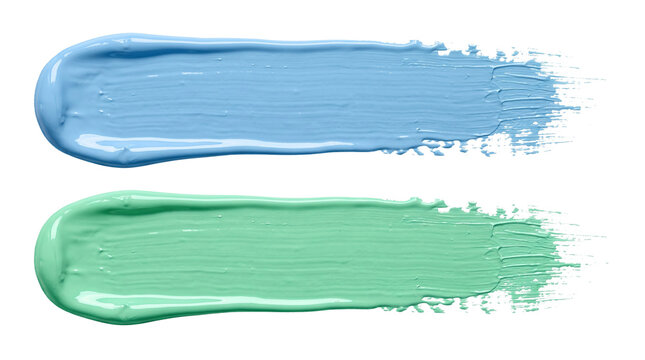 Blue and green paint brush strokes on transparent background acrylic smudge abstract oil texture set cosmetic cream swipe