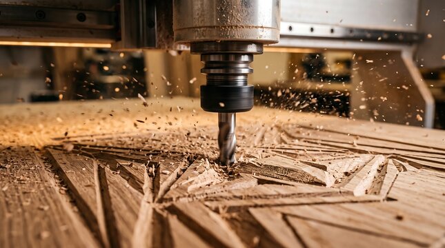 Cnc router machine engraving wood with flying sawdust particles
