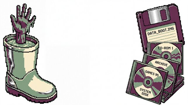 Pixel art zombie hand in rubber boot and retro data storage media including floppy disk and cds