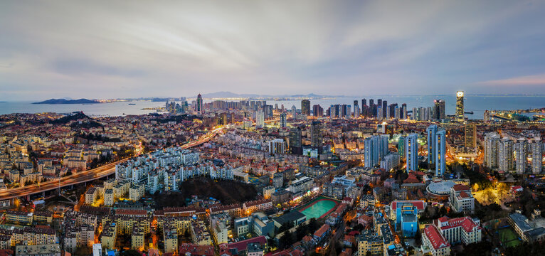 Panoramic Dusk View of Coastal Urban Skyline
