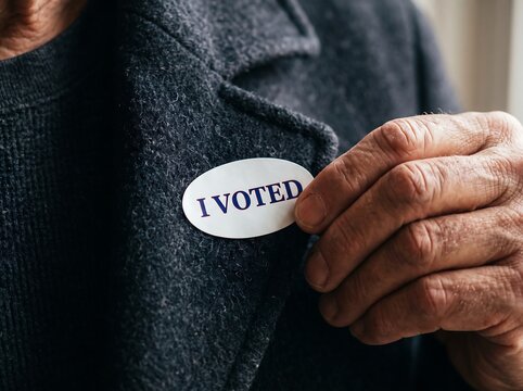 Close-Up of Hand Pressing I VOTED Sticker on Wool Coat, Faceless Voter Civic Duty, Midterm Election 2026