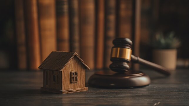 Wooden house model and gavel on wooden desk.