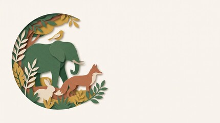 Fototapeta premium Paper cutout elephant, fox, rabbit, and bird gather in forest foliage. A circular scene sits left with copy space on the right. Wildlife conservation and nature education concept.