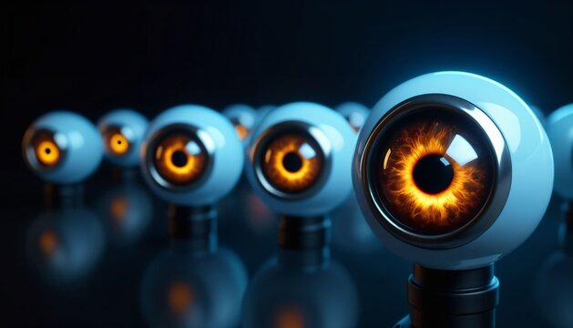 Row of Robotic Surveillance Cameras Shaped Like Eyes