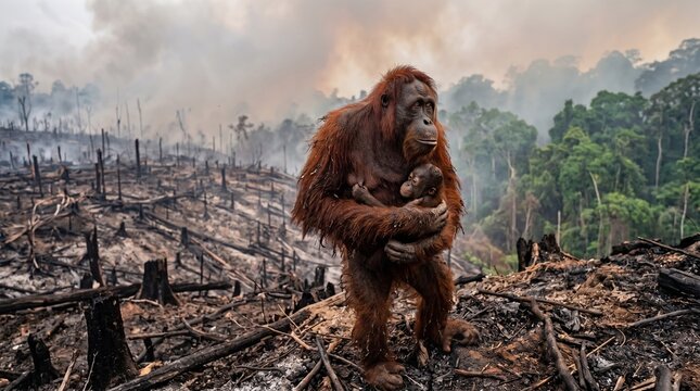 Mother Orangutan and Baby Sitting in Deforested Area. A sad scene of a mother orangutan holding her baby while sitting in a barren, deforested, and charred landscape