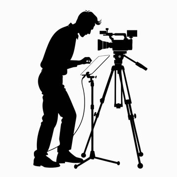 Professional cameraman silhouette with video camera on tripod, cinematographer filming with digital tablet, movie director vector illustration