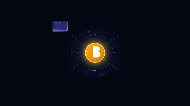 Futuristic Cryptocurrency Coin Animation with Digital Interface Elements and Glowing Data Network