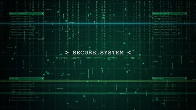 Digital cyber security interface with scrolling green binary code and secure system access notification