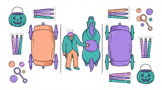 Headless horseman awkwardly parallel parks horse between carriages in halloween flat lay